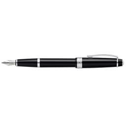 A fountain pen in polished black resin with silver accents and a decorative clip.