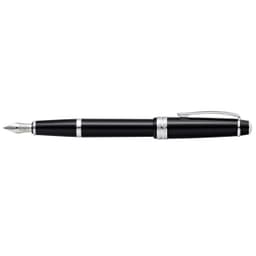 A fountain pen in polished black resin with silver accents and a clip. It features a finely crafted nib.