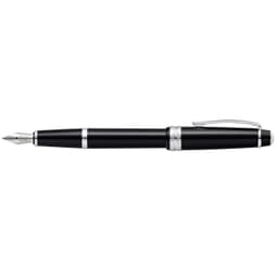 A fountain pen in polished black resin with silver accents and a clip, featuring a logo on the side.