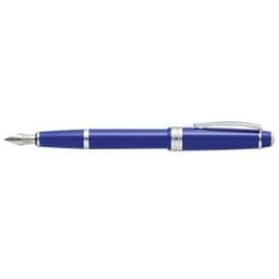 A fountain pen in polished light blue resin with silver accents and a clip. It features a pointed nib for writing.