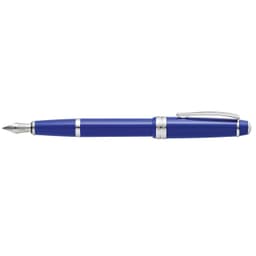 A fountain pen in polished light blue resin with silver accents and a nib, featuring a clip and sleek design.