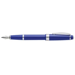 A fountain pen with a polished light blue resin body and silver accents, featuring a pointed nib and a clip.