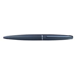 A pen in dark blue with a textured finish and a clip, featuring a logo on the side.