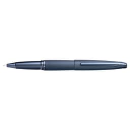 A dark blue pen with a textured grip and a sleek design. It features a branding logo.