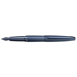 A fountain pen in dark blue featuring a textured grip and a glossy finish, with a logo on the barrel.