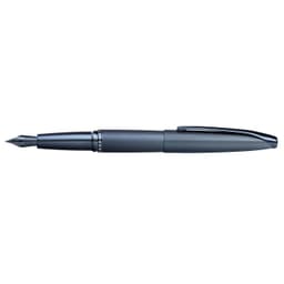A fountain pen in dark blue and silver, featuring a textured grip and a clip, with a decorative branding element.