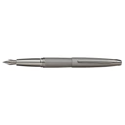 A fountain pen in titanium grey with a textured grip and a silver clip, featuring a logo on the body.