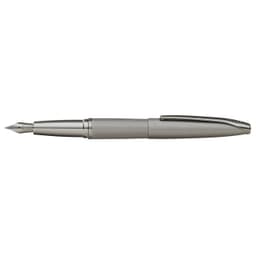 A fountain pen in sandblast titanium grey with a textured grip and a clip, featuring a decorative nib.