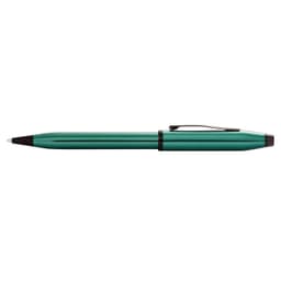 A green lacquered pen with a black clip, featuring a sleek and shiny design. It includes branding on the barrel.