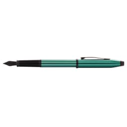 A green lacquer fountain pen with a black clip, featuring a distinct nib and a sleek design.
