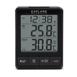 A black indoor-outdoor thermometer displaying time and temperature in Celsius. It features a digital display and control buttons.