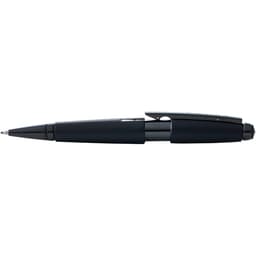A pen in matt black finish with a sleek design, featuring a clip and black accents. Includes a logo.