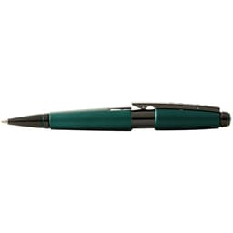 A pen in matt green and black with a sleek design and a clip. It features a textured surface.