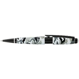 A pen featuring a black and white camouflage design with a black base and a logo.
