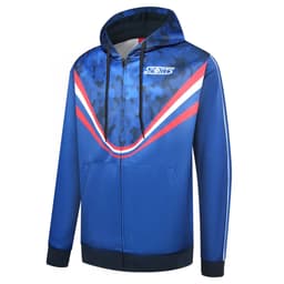 A blue hoodie with a camouflage pattern and a red and white design, featuring a logo on the front.