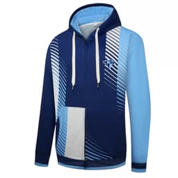 A blue and light blue hoodie with a zip front and a logo on the chest. Features a geometric pattern.