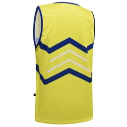 A sleeveless, bright yellow singlet with blue and white zigzag patterns on the back, featuring a brand logo.