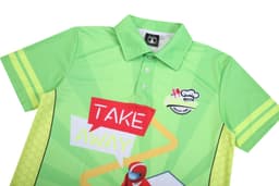 A green short-sleeve polo shirt with graphic designs and a logo, featuring bright yellow stripes on the shoulders.