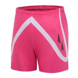 A pair of pink shorts featuring white and black designs, with an elastic waistband and no visible branding.