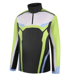 A thick pullover quarter zip in black, green, and blue with a high collar and a stylish design. It has a logo.