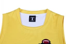 A yellow sports singlet featuring a logo and a design suitable for AFL.