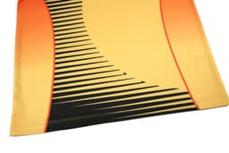 A custom polo shirt featuring a gradient of yellow and orange with black stripe detailing. The shirt has a logo.