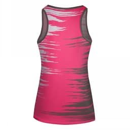 A pink racing singlet with grey and white abstract patterns and a logo on the back.