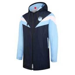 A water-resistant jacket in navy blue and light blue, featuring a hood and a logo on the upper left side.