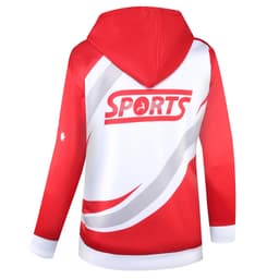 A red and white hoodie featuring a hood and a logo on the back. It has a sleek design with curved stripes.