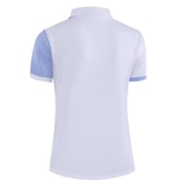 A short-sleeved polo shirt in white with light blue accents and a collar, featuring a logo on the back.