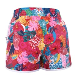 A pair of vibrant women’s boardshorts featuring a colourful floral pattern in shades of pink, red, blue, and green.