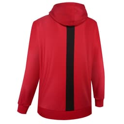 A red pullover hoodie featuring a black vertical stripe on the back and a hood. It has a logo.
