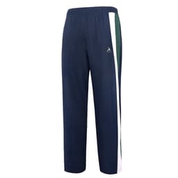 Cotton-lined pants in navy blue with green and white side stripes, featuring a logo.