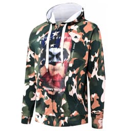 A camouflage hoodie featuring a graphic print on the front, with a zip-up design and white drawstrings.