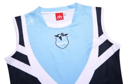 A lightweight sports vest in light blue and black, featuring a logo and a sleeveless design.