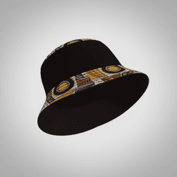 A black bucket hat featuring a vibrant patterned brim and a logo.