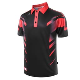 A black and red men's polo shirt with a pattern and a logo on the chest.