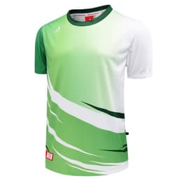 A green and white multi-sport t-shirt featuring dynamic wave patterns and a brand logo.