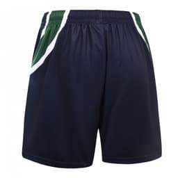 A pair of navy shorts with green and white detailing, featuring an elastic waistband and a logo.