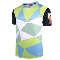 A short-sleeved t-shirt in green, blue, and white with a geometric design and a logo on the sleeve.