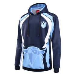 A navy and light blue hoodie with a logo on the chest and a drawstring hood.