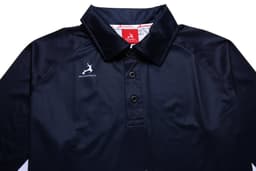 A navy blue polo shirt with a collar, featuring a logo and buttons at the front.