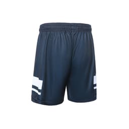 Dark navy volleyball uniform shorts with a logo, featuring white stripes on the sides.