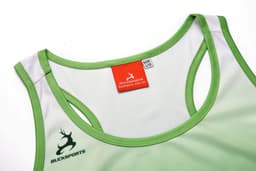 A green racer back singlet featuring a logo and contrasting white accents. It has a size label sewn into the neckline.