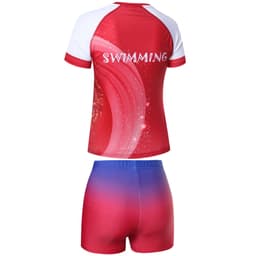 A red and white women's swimming suit with a gradient blue short, featuring a logo on the back.