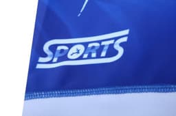 A blue sports uniform featuring a white logo, designed for swimming teams and resistant to chlorine.