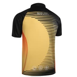 A custom polo shirt featuring a yellow and black design with an orange accent and a branded logo on the back.