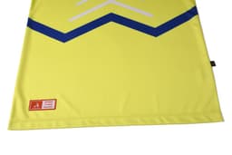 A bright yellow singlet with a blue chevron design and a logo at the hem.