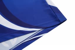 A blue and white athletics uniform tight with a smooth finish and an embroidered logo.