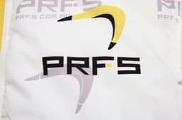 A promotional item featuring a design with a logo in black and yellow on a white background.